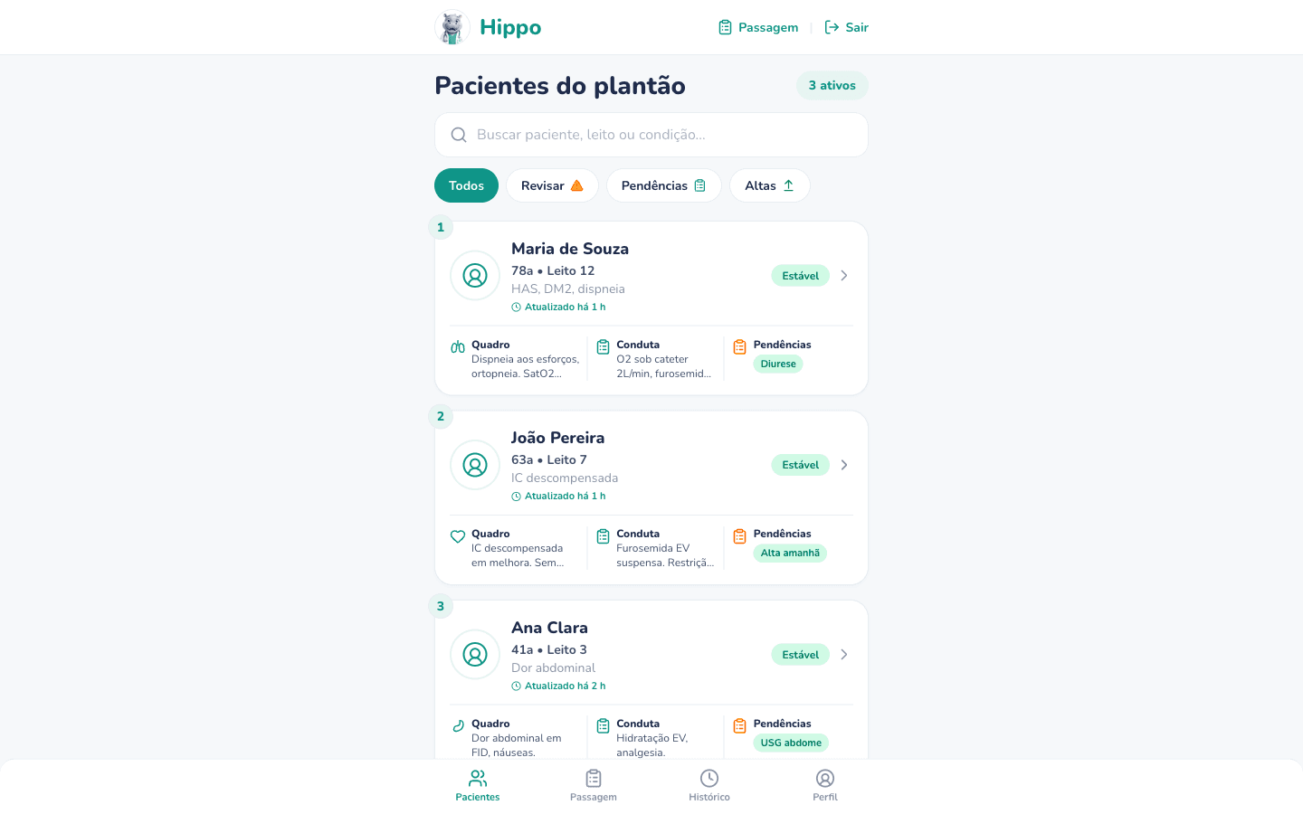 Tela Pacientes do plantão no Hippo