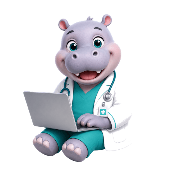 Mascote do Hippo usando o laptop