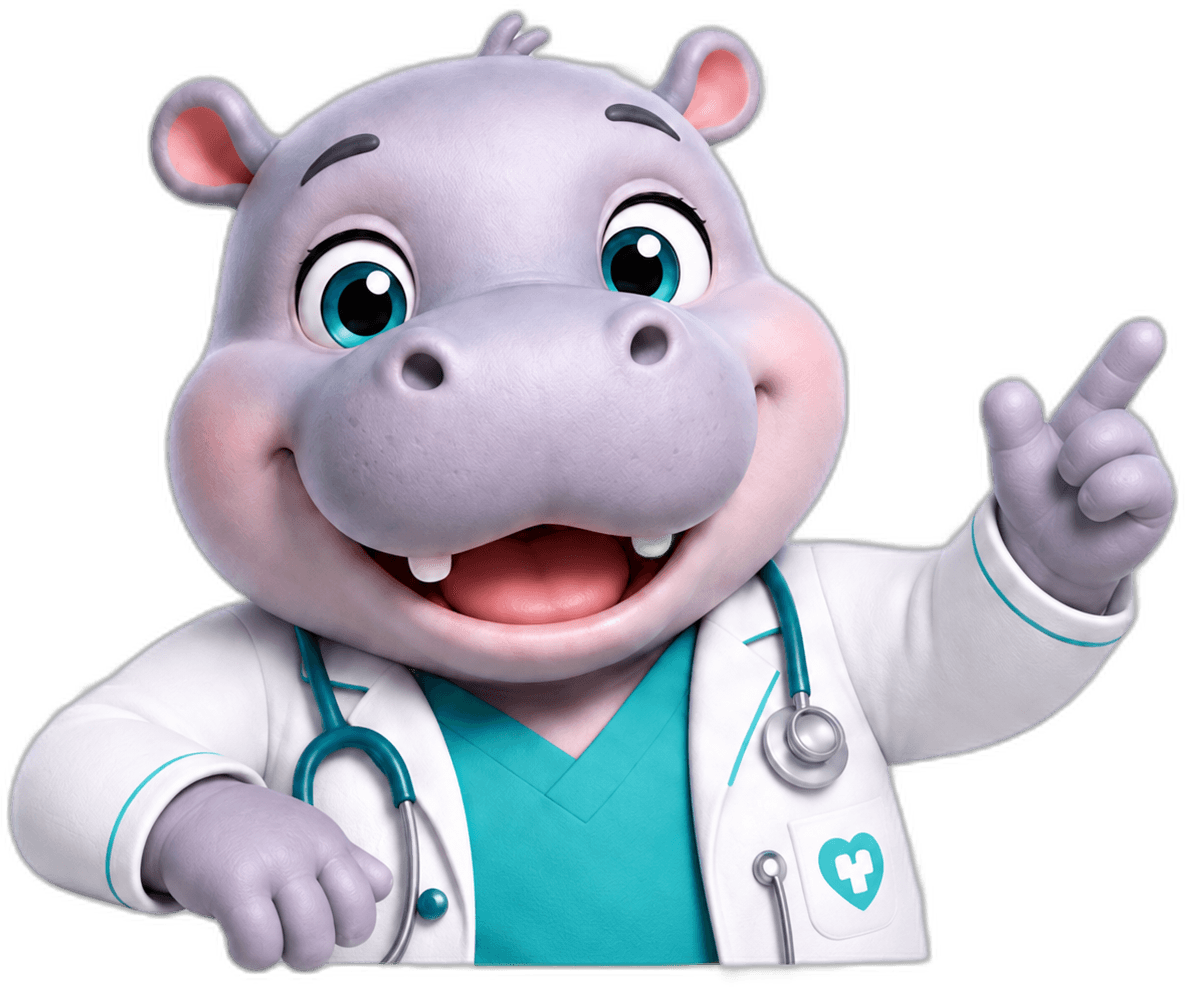 Mascote do Hippo, de jaleco, apresentando o aplicativo